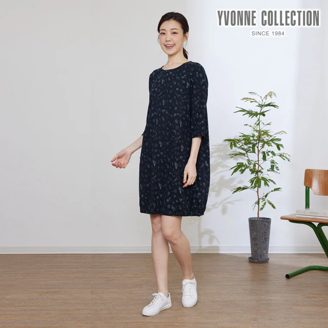 YVONNE 以旺傢飾 刷毛冬日印花七分袖洋裝-黑