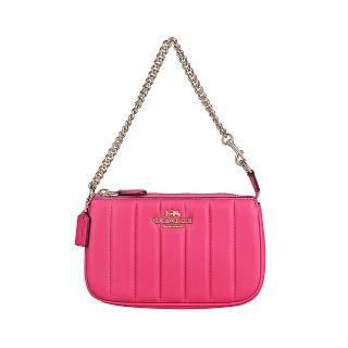 【COACH】COACH NOLITA 19浮雕LOGO直條紋小牛皮拉鍊肩背麻將包(桃紅)