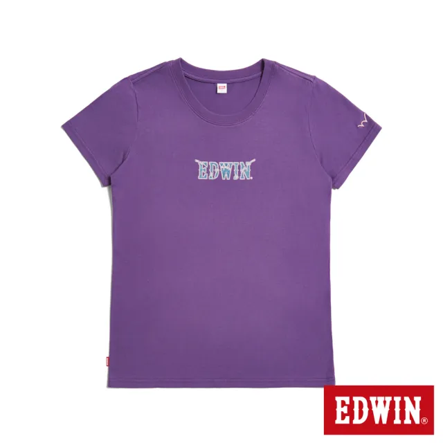 【EDWIN】女裝 牛仔布LOGO短袖T恤(葡紫色)