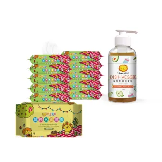 【獅子寶寶】新包裝_超純水厚型濕巾80抽x14包+安心潔淨系列_碗盤蔬果清潔劑700ml