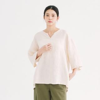 【Simply Yours 類似簡約】V領寬鬆亞麻上衣 米白F(V領寬鬆亞麻上衣)
