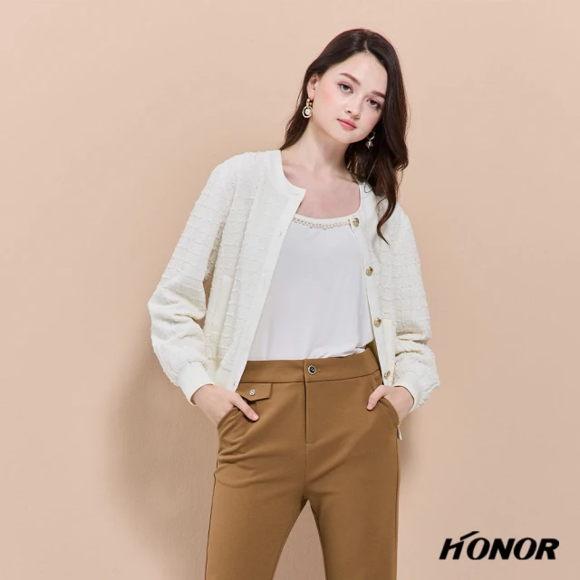 HONOR 山形屋 優雅立體方格壓紋金釦外套-米