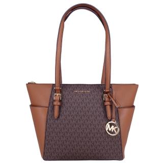 【Michael Kors】CHARLOTTE系列 防刮牛皮皮革雙口袋 金字LOGO 肩背/手提 托特包(字母咖)