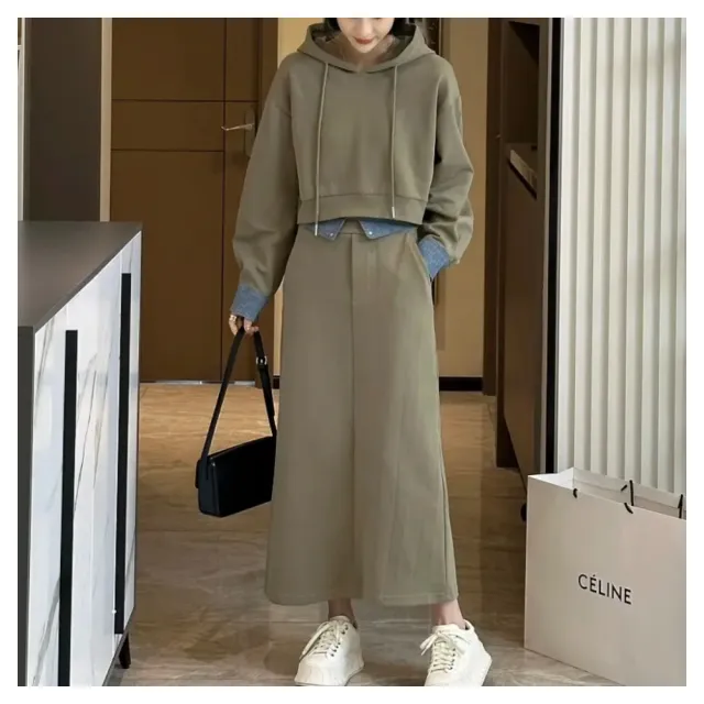 【ASister 小姊姊】AS0842#中大尺碼洋裝/套裝☆*拼接牛仔*連帽抽繩外套+半身裙裙裝(2色 M-5XL)