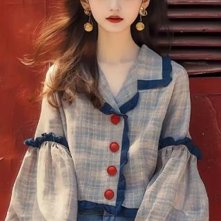 【ONEY 歐妮】★復古短版藍色格子襯衫(上衣/女裝/襯衫/長袖)