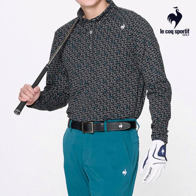 【LE COQ SPORTIF 公雞】高爾夫系列 男款黑色滿版印花吸濕排汗抗UV長袖POLO衫QGU2J101