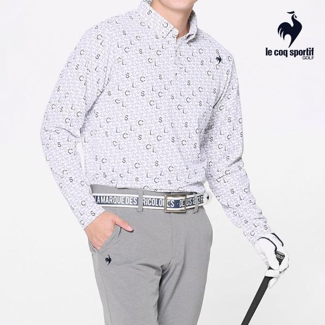 【LE COQ SPORTIF 公雞】高爾夫系列 男款白色滿版印花吸濕排汗抗UV長袖POLO衫QGU2J101