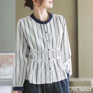 【ACheter】全棉豎條紋撞色長袖襯衫寬鬆圓領法式氣質短版上衣#123532(白)