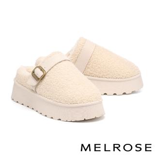 【MELROSE】美樂斯 隨興舒適方釦寬帶毛毛厚底穆勒拖鞋(米白)