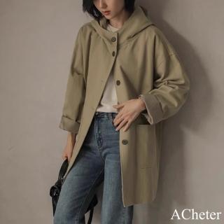 【ACheter】經典寬鬆風衣連帽大衣美拉德復古長袖中長外套#123500(黑/卡其/軍綠)