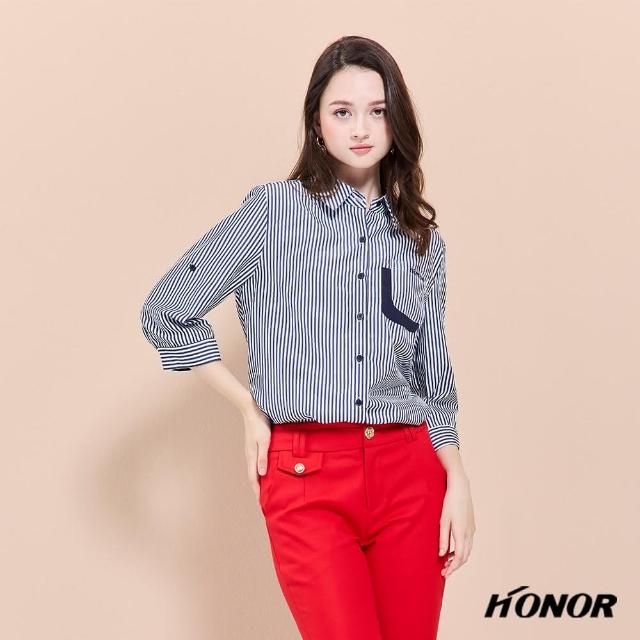 【HONOR 山形屋】個性口袋細條紋七分袖襯衫-藍