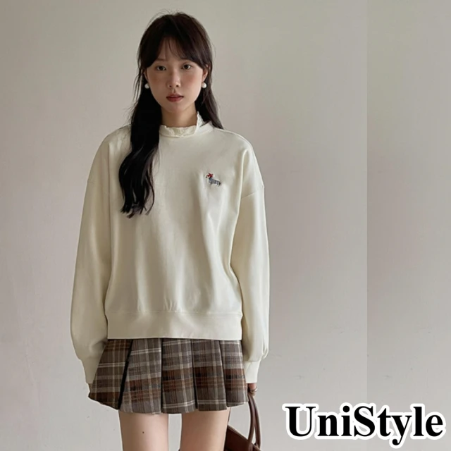 UniStyle 長袖大學T恤 韓版法式狗狗刺繡上衣 女 EAW260B(杏)