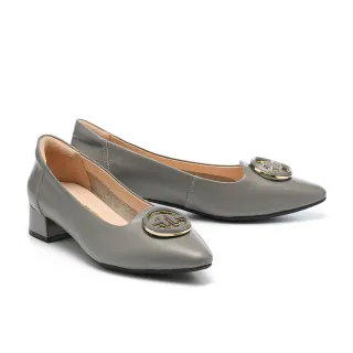 【MELROSE】美樂斯 氣質日常圓釦造型全真皮尖頭低跟鞋(灰)