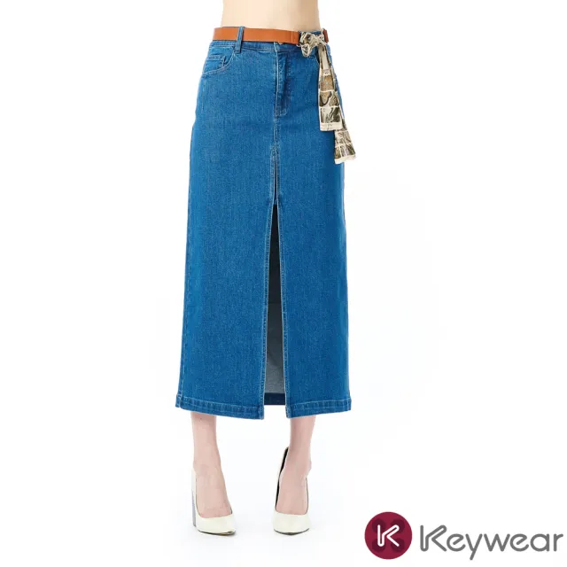 【KeyWear 奇威名品】冰涼高衩牛仔長裙