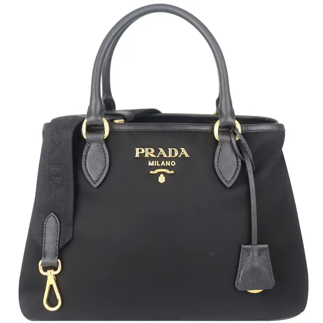 【PRADA 普拉達】品牌標雙袋尼龍布皮飾邊鑰匙圈兩用肩背/手提包(黑色)