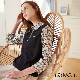 【LUNG.L 林佳樺】LQ46A黑色背心拼接印花襯衫假兩件七分袖女裝上衣(秋冬新品 加大尺碼)