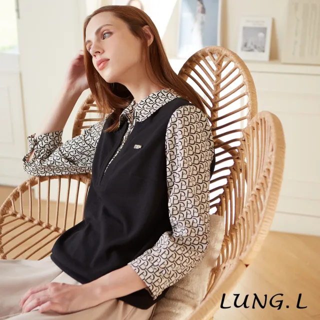 【LUNG.L 林佳樺】LQ46A黑色背心拼接印花襯衫假兩件七分袖女裝上衣(秋冬新品 加大尺碼)