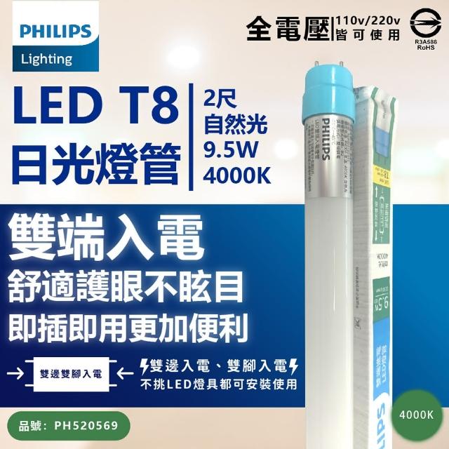 【Philips 飛利浦】6支 LED T8 2尺 9.5W 840 自然光 全電壓 雙端入電 LED日光燈管