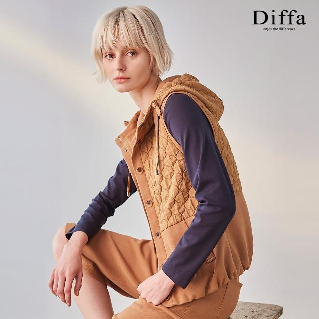 【Diffa】異素材拼接連帽設計背心外套-女