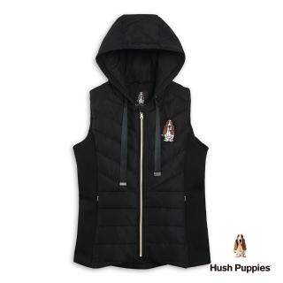 【Hush Puppies】女裝 外套 拼接織帶刺繡狗羽絨連帽背心(黑色 / 44217101)