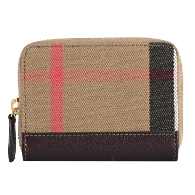 【BURBERRY 巴寶莉】英系經典格紋拼接信用卡名片證件零錢包(深咖邊)
