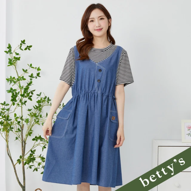 betty’s 貝蒂思 假兩件拼接抽繩條紋牛仔洋裝(藍色)