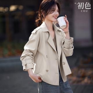 【初色】韓版純色短版雙排釦風衣長袖外套女外套-共2色-38202(M-3XL可選)