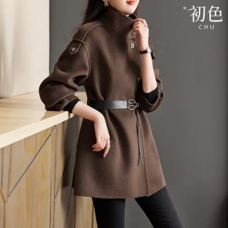 【初色】韓版純色寬鬆系帶單排釦高領長袖美拉德呢子大衣外套女外套-深棕色-38294(M-2XL可選)