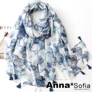 【AnnaSofia】保暖柔軟棉麻感披肩圍巾-柔美流蘇墜 現貨(暈花蝶印-藍系)