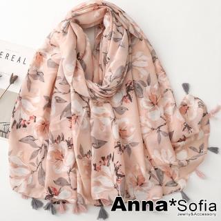 【AnnaSofia】保暖柔軟棉麻感披肩圍巾-柔美流蘇墜 現貨(恢葉璇花-粉系)