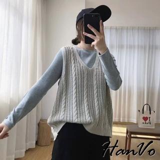【HanVo】現貨 直紋甜美麻花秋冬針織背心(質感寬鬆百搭風格 韓系女裝 女生衣著 A07-4538)