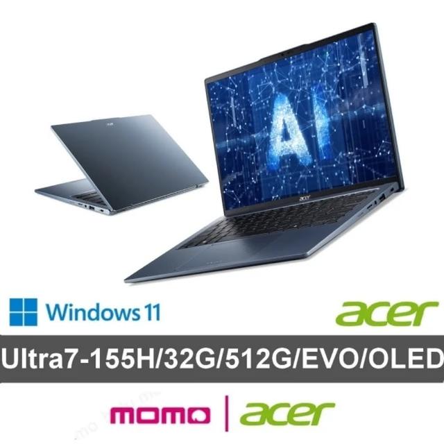 【Acer 宏碁】14吋Ultra7 OLED 輕薄AI筆電-冰霧藍(Swift Go/SFG14-73-79HZ/Ultra7-155H/32G/512G/W11)