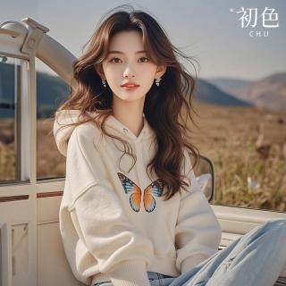 【初色】蝴蝶印花寬鬆長袖連帽T恤上衣女上衣-白色-38173(M-2XL可選)