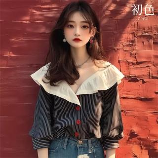 【初色】休閒風寬鬆黑白條紋拼接單排釦圓領七分袖襯衫上衣女上衣-黑白條紋-38187(M-3XL可選)