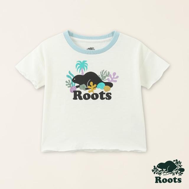 【Roots】Roots小童-海洋生活家 珊瑚貝殼海狸有機竹節棉寬短版短袖T恤(白色)