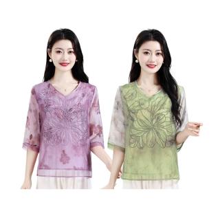 【K.W.】現貨立體花朵麻絲優雅假二件式上衣(共3色)