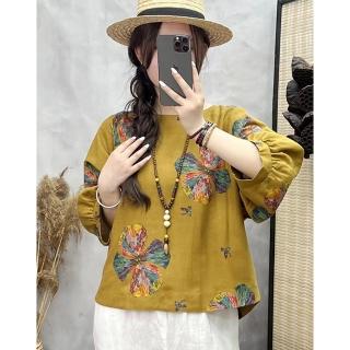 【K.W.】現貨大花亞麻涼爽透氣紗花版上衣(共1色)