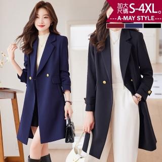【Amay Style 艾美時尚】外套 中大尺碼女裝 大衣 修身顯瘦俐落中長版西裝外套。S-4XL(3色.預購)