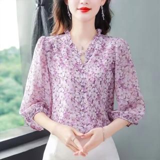 【K.W.】現貨韓國明星單品雪紡絲優雅上衣(涼爽 絲麻 印花 小香風 天絲 共1色)