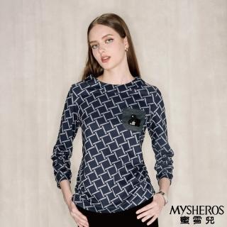 【MYSHEROS 蜜雪兒】造型上衣 線條格紋印花 假口袋亮片鑽飾天鵝設計(藍)