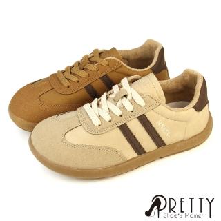 【Pretty】女鞋 休閒鞋 德訓鞋 阿甘鞋 麵包鞋 寬楦 平底 綁帶 仿麂皮 復古(棕色、杏色)