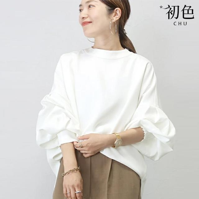 【初色】日系寬鬆純色圓領燈籠袖長袖T恤上衣女上衣-共3色-38310(F可選)