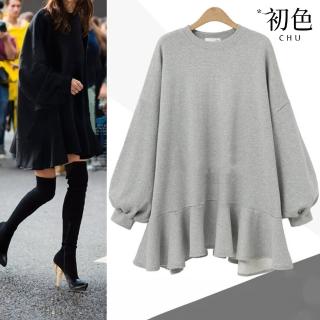 【初色】純色圓領落肩袖長袖衛生衣T恤上衣女上衣-共3色-38315(L-4XL可選)