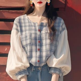 【ONEY 歐妮】★藍色格子燈籠袖上衣襯衫(上衣/女裝/七分袖/格子襯衫)