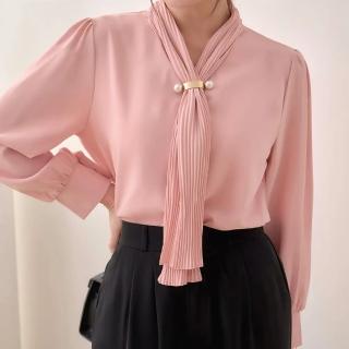 【MYDRESS】優雅壓褶領巾雪紡長袖上衣