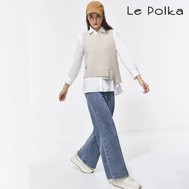 Le Polka 斑駁牛仔寬版直筒長褲-女(丹寧)