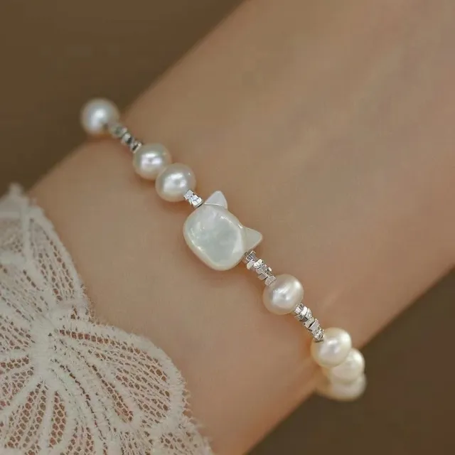 【勝弘珠寶】白貝貓咪碎銀配珍珠手鍊