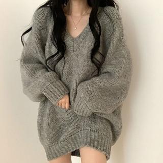 【D.studio】韓版氣質V領慵懶風長版毛衣(針織上衣長袖上衣女裝衣服長袖t恤發熱衣保暖上衣冬裝 W514)