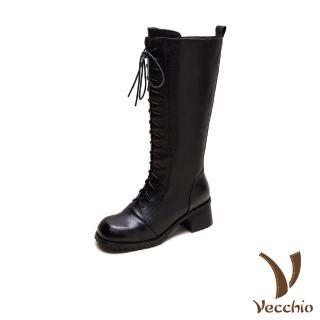 【Vecchio】真皮長靴 粗跟長靴/全真皮頭層牛皮經典繫帶百搭粗跟長靴(黑)