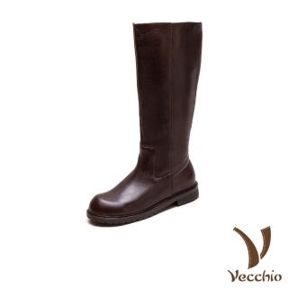 【Vecchio】真皮長靴 牛皮長靴/全真皮頭層牛皮純色經典百搭側拉鍊長靴(棕)